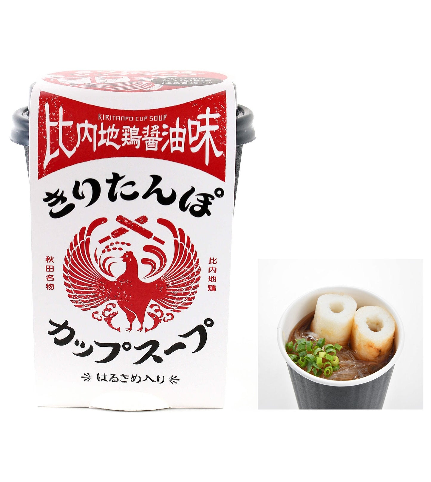 Kiritanpo Cup Soup packaging with Hinai Chicken Soy Sauce flavor and a cup displaying toasted mashed rice noodles and broth.