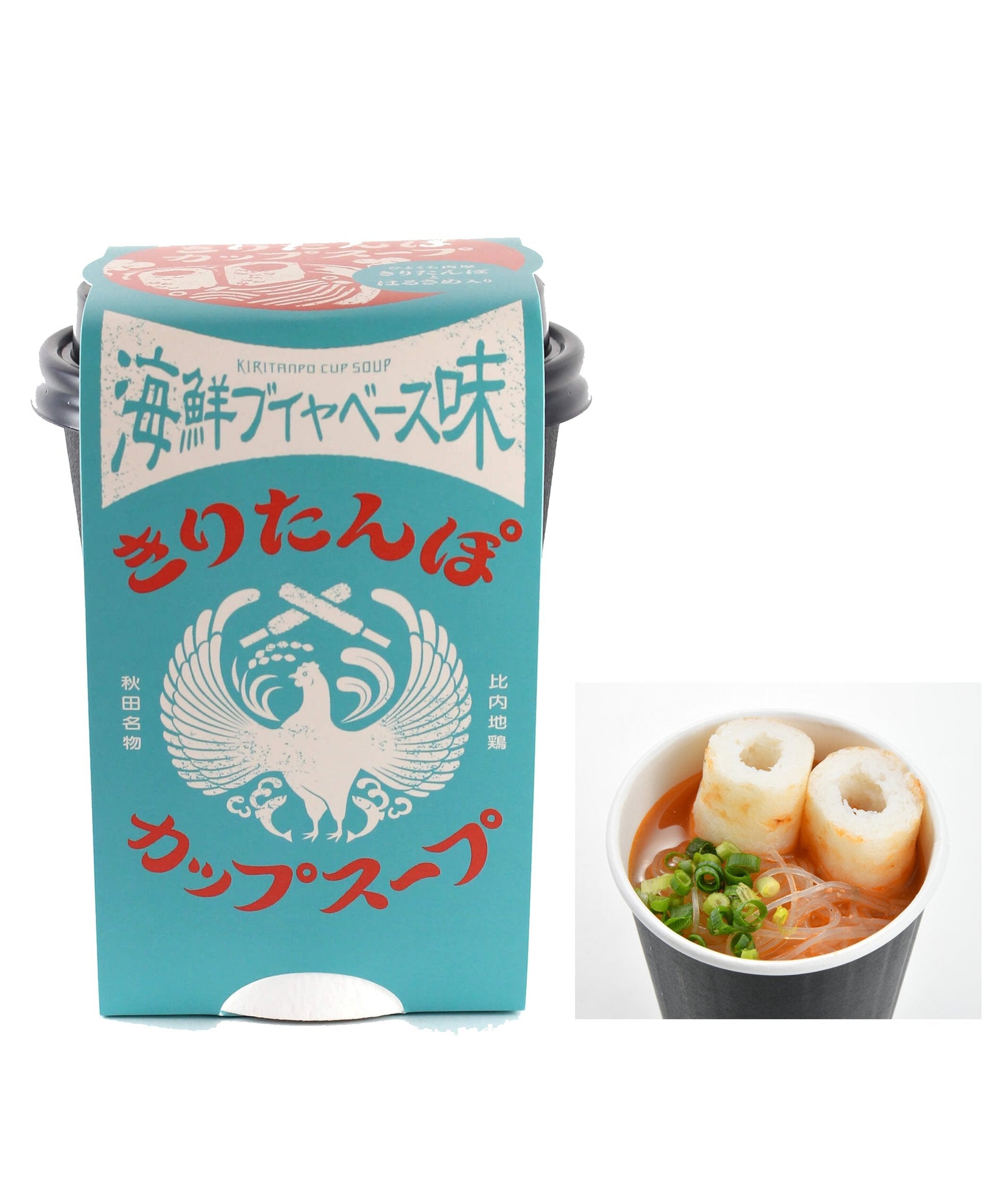 Kiritanpo Cup Soup with seafood bouillabaisse flavor, featuring toasted mashed rice and glass noodles, in Japanese packaging.