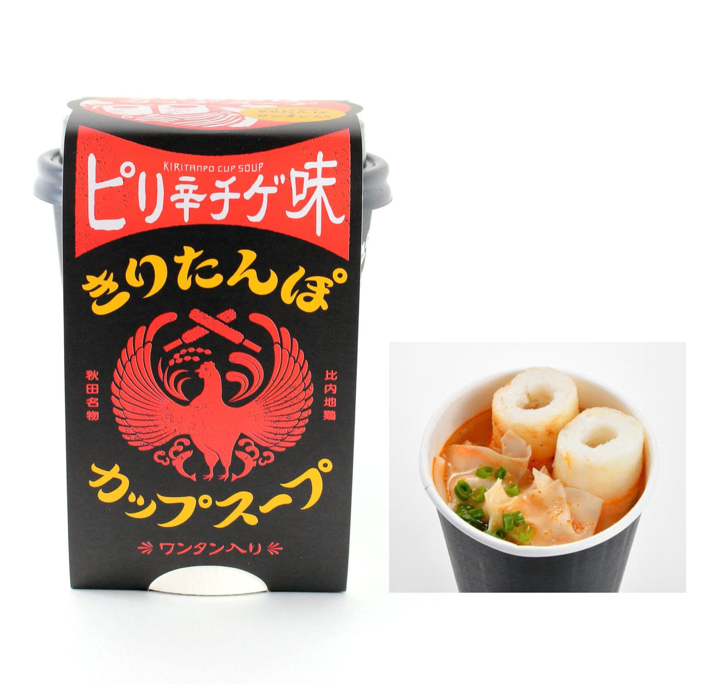 Kiritanpo Cup Soup packaging with spicy Korean stew flavor, featuring Hinai chicken, seafood bouillabaisse, and jjigae flavors.