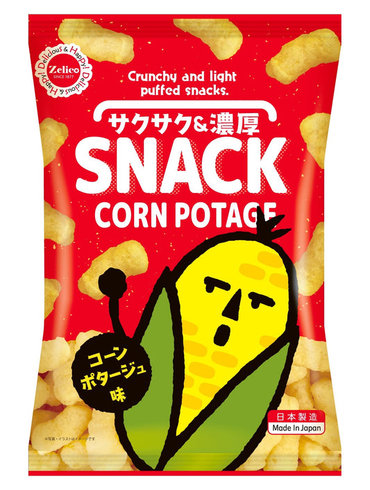Corn Potage Snack packaging with crispy corn pottage flavor puffs, includes allergens dairy and soybean. Made in Japan.