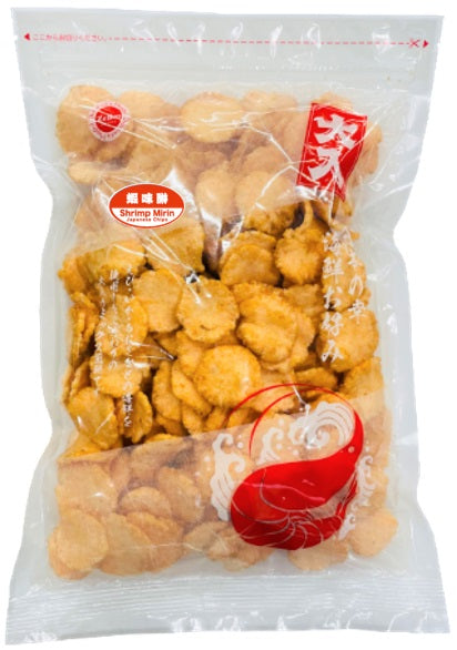 Japanese Chips Big Pack with Shrimp Mirin flavor, featuring slightly sweet rice crackers infused with shrimp, ideal for a savory snack.