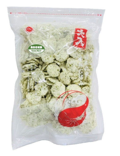 Aosa Mirin Japanese rice crackers with seaweed, packaged in a large resealable bag, featuring a red and white design.