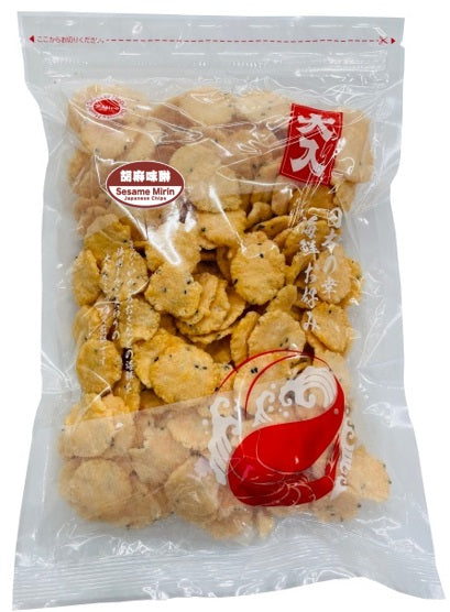 Bag of Japanese sesame mirin rice crackers featuring sweet sake and black sesame flavors, ideal for snack lovers.