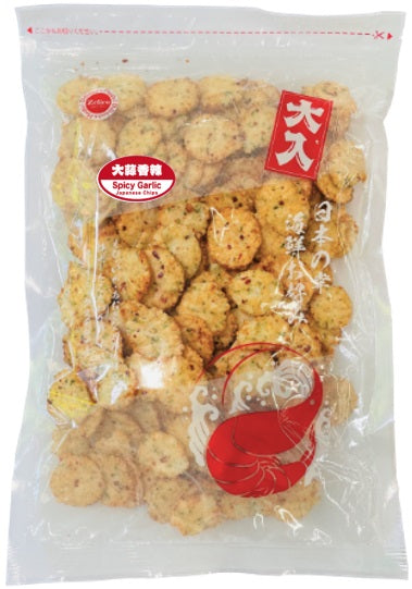 Japanese Spicy Garlic rice crackers with aosa seaweed, sesame, and shrimp flavor in a clear big pack. Contains shrimp, wheat, soybean.