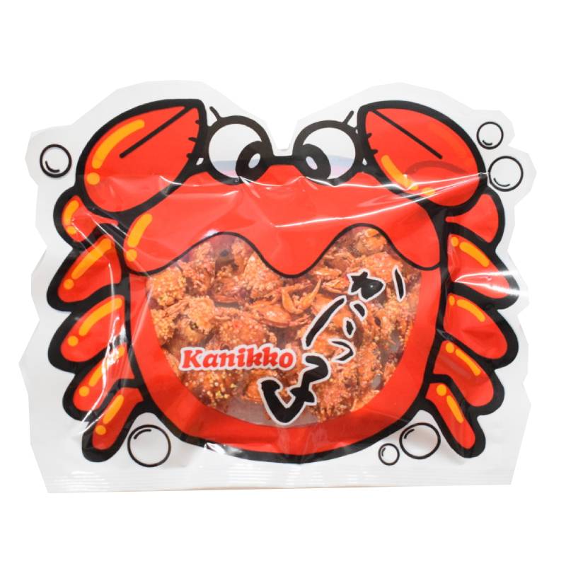 Okabe Kanikko Baby Crab Snack in colorful crab packaging, sweet and crunchy snack rich in minerals and calcium, perfect for any occasion.
