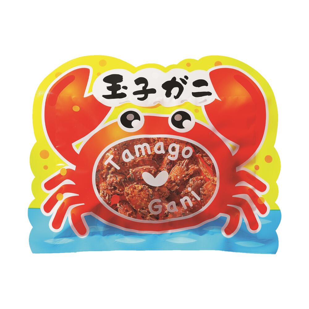 Tamagogani Baby Crab Snack packaging with colorful cartoon crab design, showcasing calcium-rich whole crabs; ideal as a sweet savory snack.