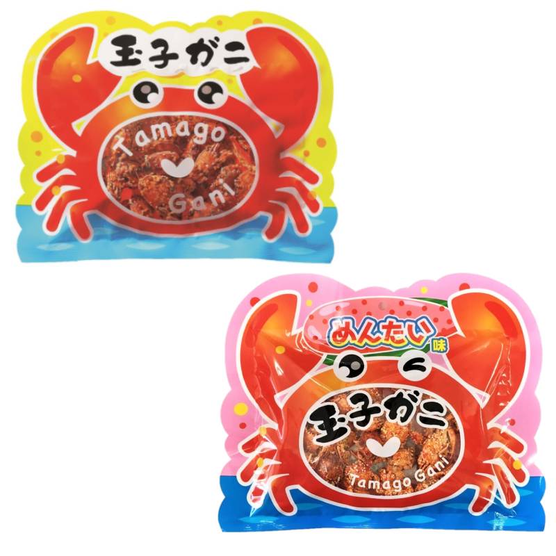 Tamagogani Baby Crab Snack packaging with original and mentaiko flavors, calcium-rich bite-size crabs as a tasty snack option.