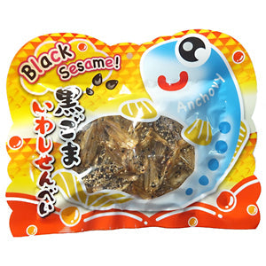 Sardine rice crackers with black sesame seeds in colorful packaging, featuring crispy texture. Contains fish, wheat, sesame allergens.
