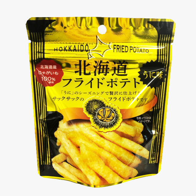 Hokkaido Fried Potato Snack Sea Urchin Flavor with crispy fries in yellow packaging, featuring luxurious uni seasoning. Contains wheat and soybean.