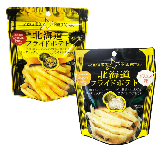 Hokkaido Fried Potato Snack packaging featuring Sea Urchin and Truffle flavors made with premium potatoes, luxurious seasoning.
