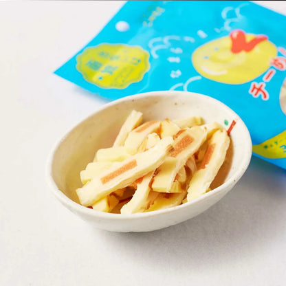 CheeMen spicy mentaiko cheese sandwich snacks in a white bowl with colorful packaging in the background, 40g.