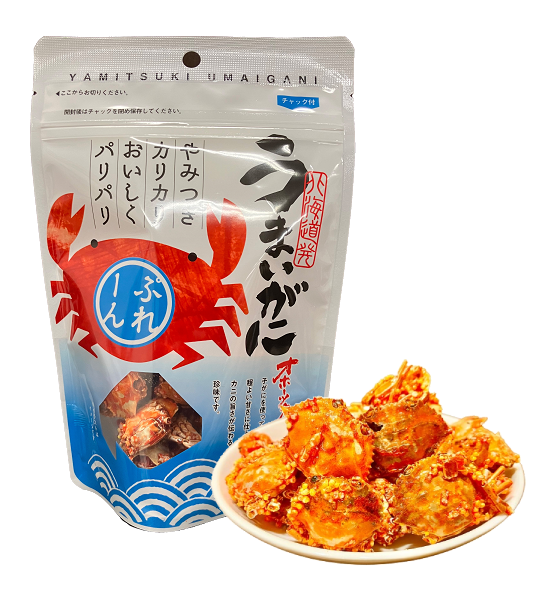 Umaigani Baby Crab Snack from Hokkaido in Okhotsk Salt Flavor package and a bowl of crispy crab pieces, highlighting the crunchy texture.