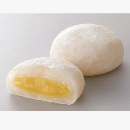 Daifuku with Corn Bean Paste, showing creamy yellow filling in soft mochi, made with Hokkaido corn and dairy.