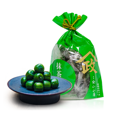 Matcha Candy 70g packaged in green wrapper with candies displayed on blue plate, highlighting sweet matcha aroma and taste.