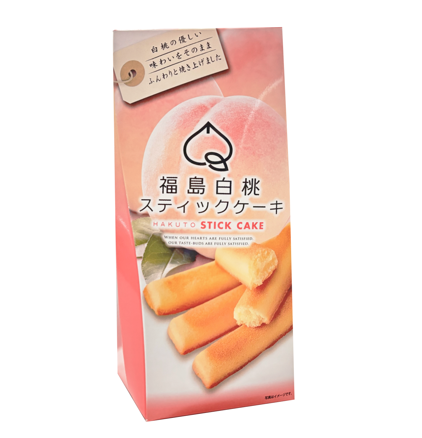 Fukushima White Peach Stick Cake 5P packaging, featuring moist cake sticks made with Shimizu white peach from Okayama.