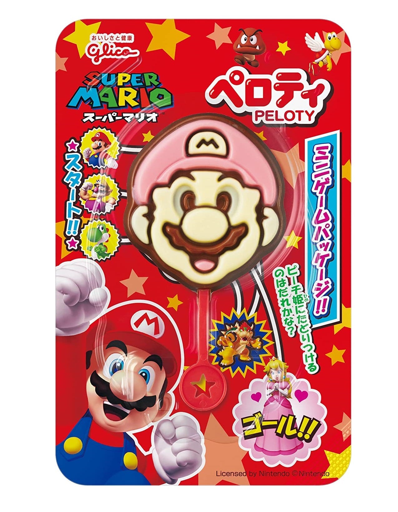 Super Mario chocolate by Peroty in red packaging with stars, featuring strawberry, white, and milk chocolate blend. Contains dairy and soy.