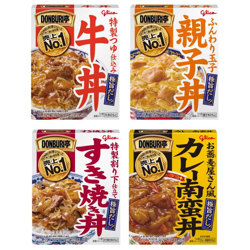 Glico DONBURI TEI retort-rice bowls including Gyudon and Oyakodon flavors, showcasing easy meal options with delicious dashi broth.