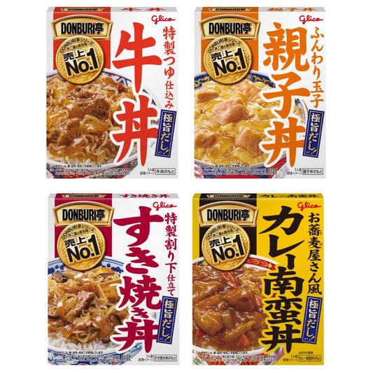 Glico DONBURI TEI retort-rice bowls including Gyudon and Oyakodon flavors, showcasing easy meal options with delicious dashi broth.