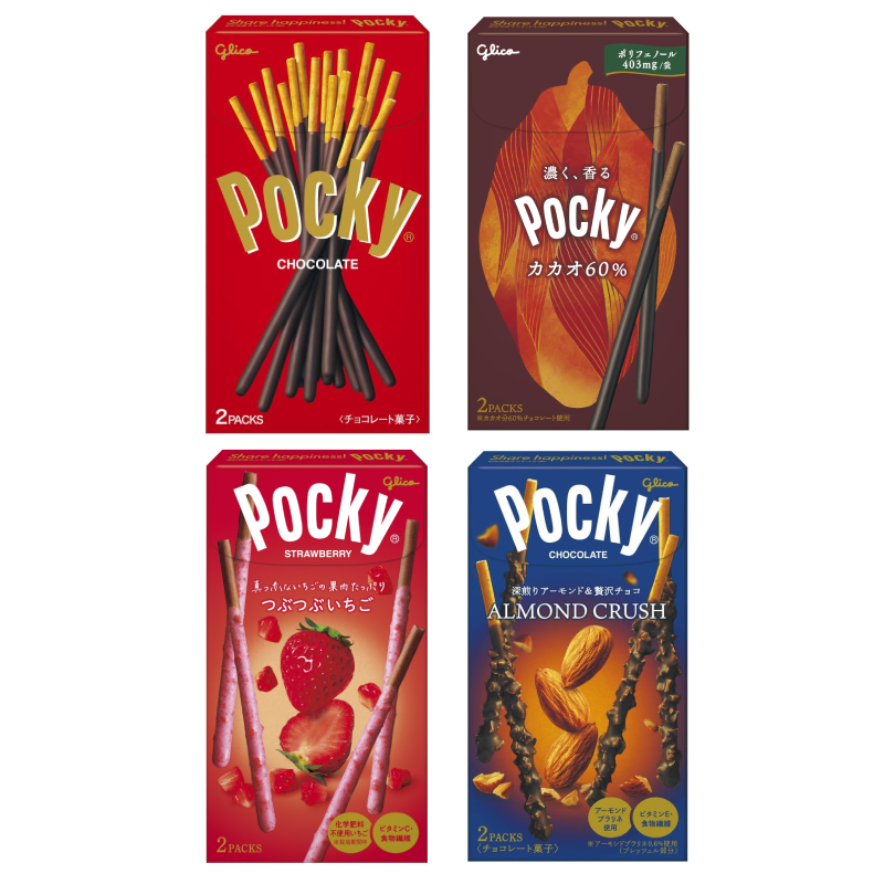 Pocky Sticks in Chocolate, Cacao 60%, Strawberry, and Almond Crush flavors packaging.