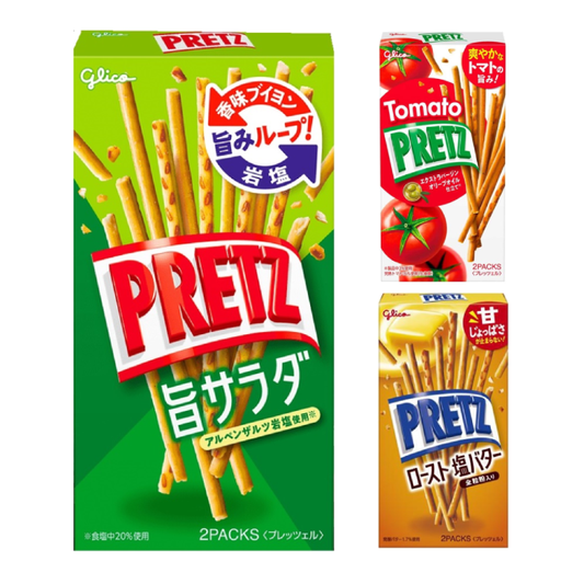 Glico PRETZ Snack Pretzel Sticks in Salad, Tomato, and Roast Salted Butter flavors. Includes wheat, dairy, egg, and soybean allergens.