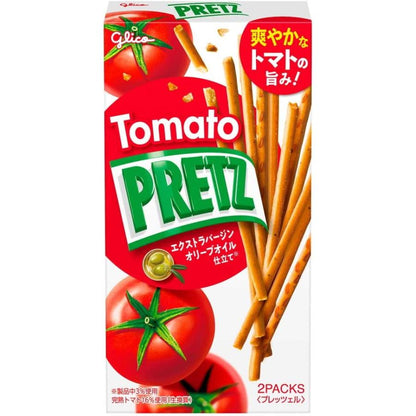 Glico PRETZ Tomato flavored pretzel sticks packaging with fresh tomato imagery, highlighting crispy texture and savory taste. Contains wheat, dairy, soybean.