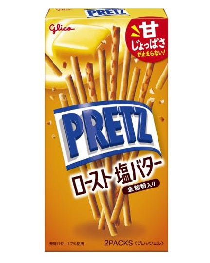 Glico PRETZ snack pretzel sticks, roast salted butter flavor with crispy texture, allergen info: wheat, dairy, egg.