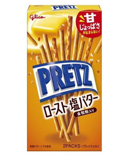 Glico PRETZ snack pretzel sticks, roast salted butter flavor with crispy texture, allergen info: wheat, dairy, egg.