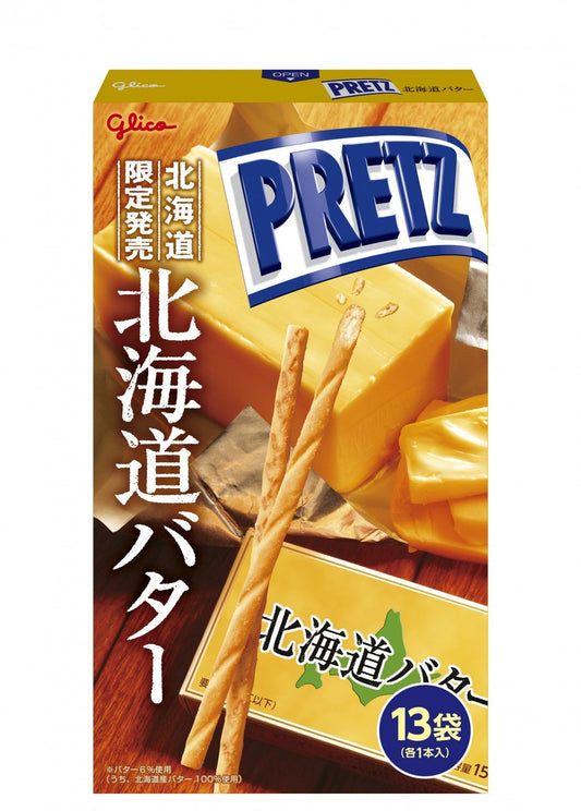Glico Giant PRETZ Pretzel Sticks with Hokkaido Butter flavor, box of 13 bags, featuring wheat, dairy, and soybean.