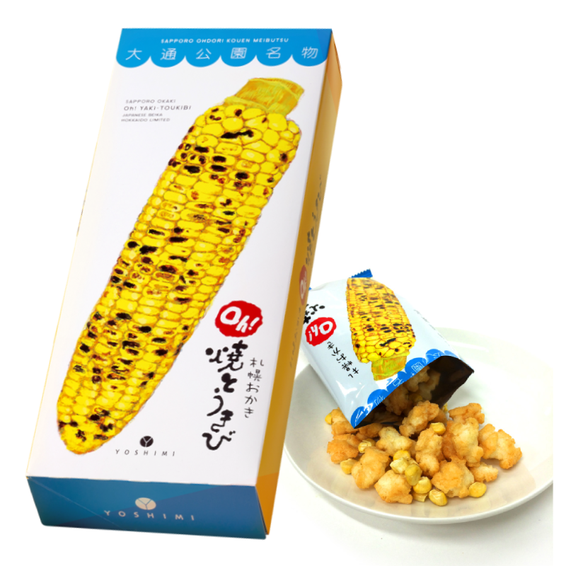 Sapporo Okaki Grilled Corn Rice Crackers in 18g packs with sweet soy sauce flavor, featuring Japanese glutinous rice and corn.