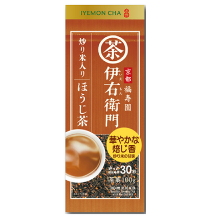 Ujinotsuyu-Seicha IYEMON CHA Hojicha Roasted Rice Tea package with traditional design and 100g label, perfect for a fragrant brew.