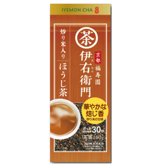 Ujinotsuyu-Seicha IYEMON CHA Hojicha Roasted Rice Tea package with traditional design and 100g label, perfect for a fragrant brew.