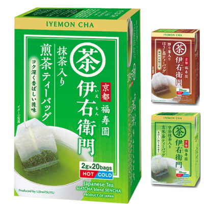 Ujinotsuyu-Seicha IYEMON CHA Japanese Tea Bag 20P with Matcha, featuring Sencha, Genmaicha, Hojicha blends. Refreshing flavor.