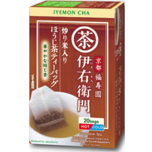 Box of Ujinotsuyu-Seicha IYEMON CHA Japanese tea bags, featuring 20 packs, with visible tea bag and serving suggestion on the front.