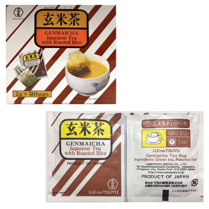 UJInoTSUYU Genmaicha tea bag with roasted rice, in aluminum packaging for freshness, popular for export, includes steeping instructions.