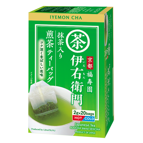 Ujinotsuyu-Seicha IYEMON CHA Japanese Tea Bag 20P with Sencha and Matcha flavor, green packaging, 2g x 20 bags.