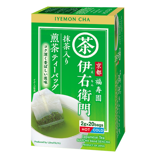 Ujinotsuyu-Seicha IYEMON CHA Japanese Tea Bag 20P with Sencha and Matcha flavor, green packaging, 2g x 20 bags.