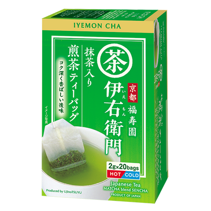 Ujinotsuyu-Seicha IYEMON CHA Japanese Tea Bag 20P with Sencha and Matcha flavor, green packaging, 2g x 20 bags.