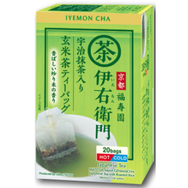 Ujinotsuyu-Seicha IYEMON CHA Japanese Tea Bag 20P packaging with Sencha and Matcha for rich flavor and aroma, 20 tea bags.