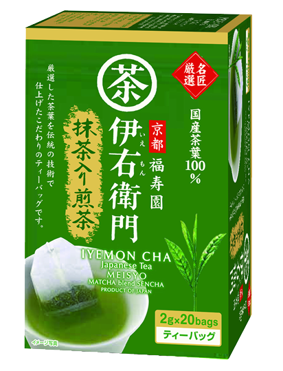 IYEMON CHA Sencha with Matcha Tea Bag Select 20P box, featuring traditional Japanese packaging and matcha blend information.