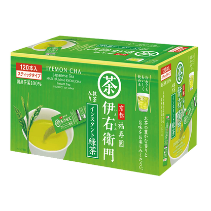 IYEMON Instant Green Tea Stick 120P box featuring Japanese matcha blend, offering the taste of kyusu brewed tea, imported from Japan.
