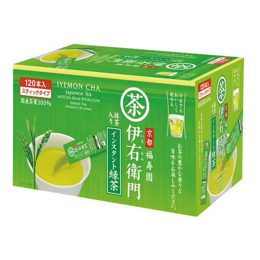 IYEMON Instant Green Tea Stick 120P box featuring Japanese matcha blend, offering the taste of kyusu brewed tea, imported from Japan.