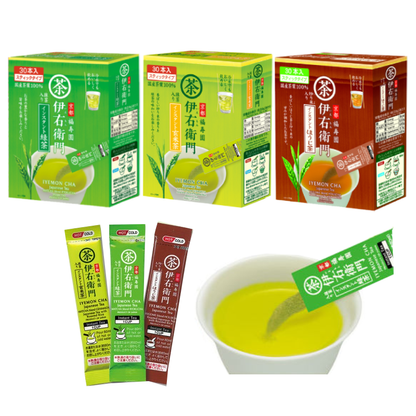 Assorted Ujinotsuyu-Seicha IYEMON Instant Stick Tea Packs with a cup of vibrant green tea.