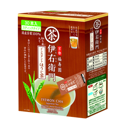 Ujinotsuyu-Seicha IYEMON Instant Stick Japanese tea box featuring hojicha flavor with vibrant packaging.