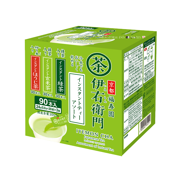 Ujinotsuyu-Seicha IYEMON instant Japanese tea assortment box with green tea, genmaicha, hojicha. 90 sticks total.