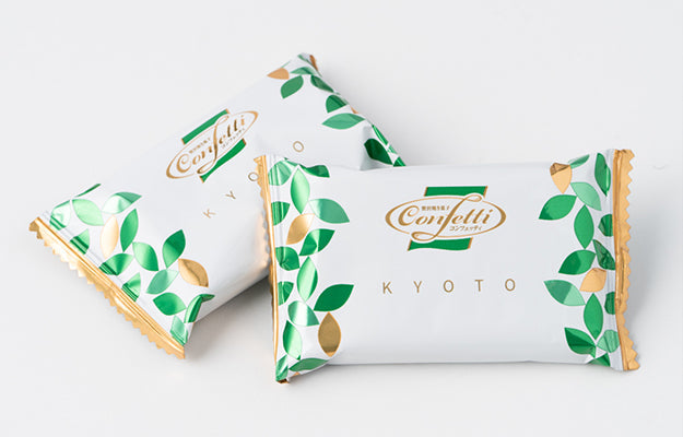 Confetti Kyoto White Chocolate Cream Matcha Sable Cookies, 6-pack in elegant packaging with green leaf design from Japan.