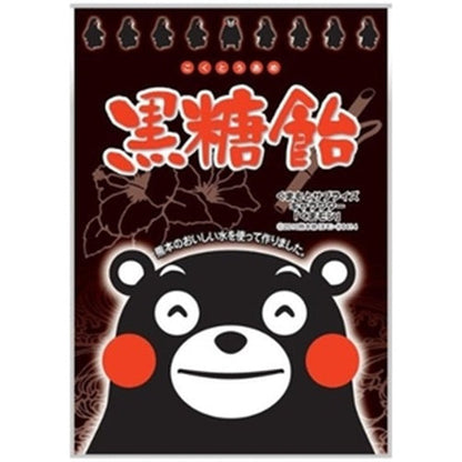 Alt Tag: Kumamon brown sugar candy packaging, featuring the Kumamon mascot and Japanese text, made with Kumamoto water.