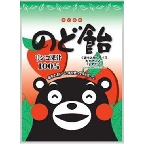 Kumamon candy packaging featuring mascot on bag with green top and apple design. Contains 100% apple juice and Amakusa salt.