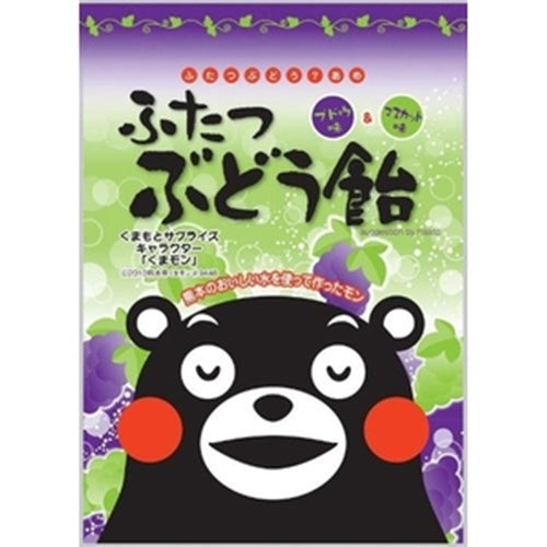 Kumamon grape candy packaging with purple and green design, featuring character Kumamon and grape illustrations.