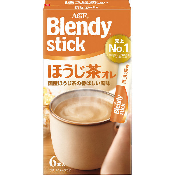 AGF Blendy Stick Instant Hojicha Tea Latte 6-pack, creamy roasted green tea beverage in a mug, Japanese product packaging.