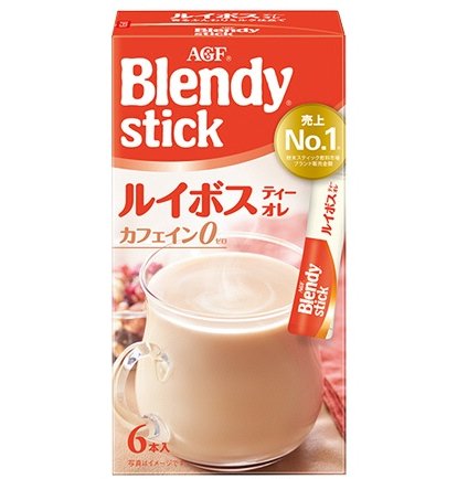 AGF Blendy Stick Rooibos Tea au lait package with cup, caffeine-free milk tea, perfect for relaxation, 6 servings.